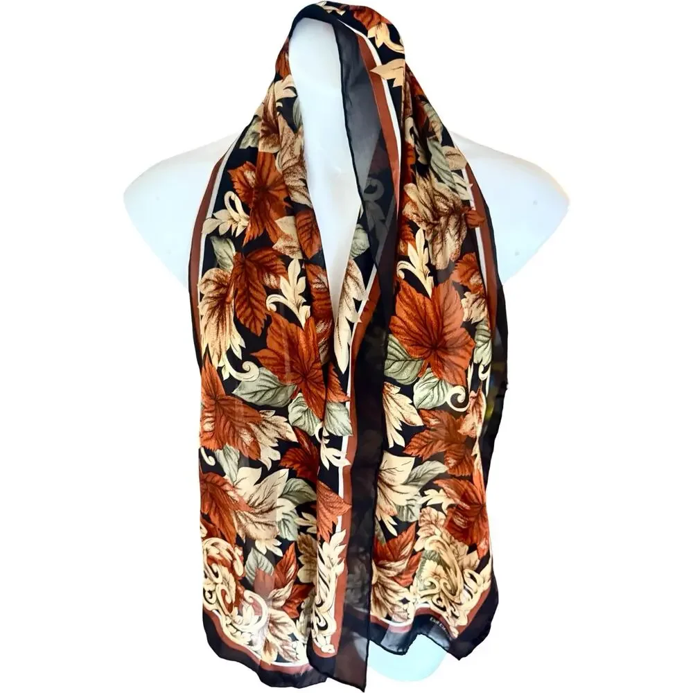 Vintage Bill Blass 80s Silk Autumn Leaf Print Scarf Black Rust 13x56